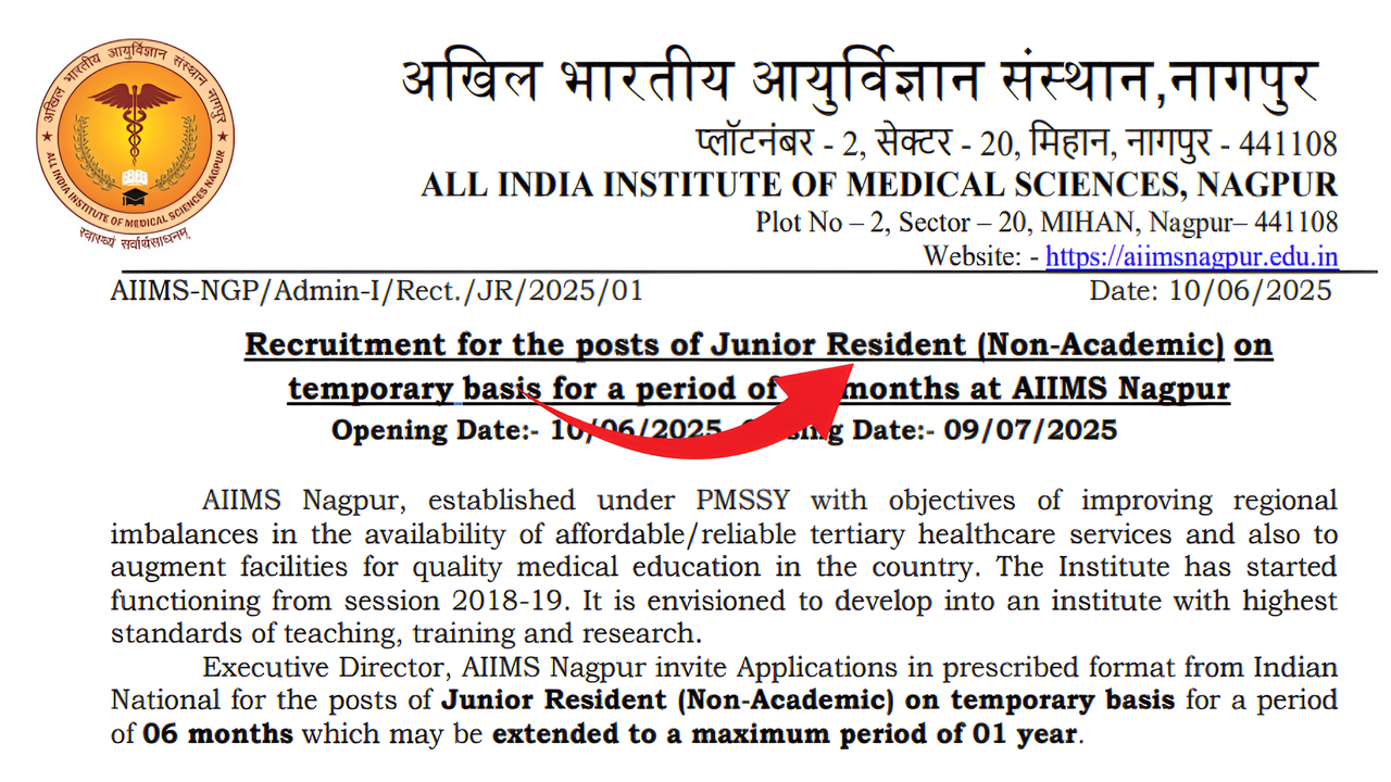 AIIMS Nagpur Junior Resident 50 Notification 2025