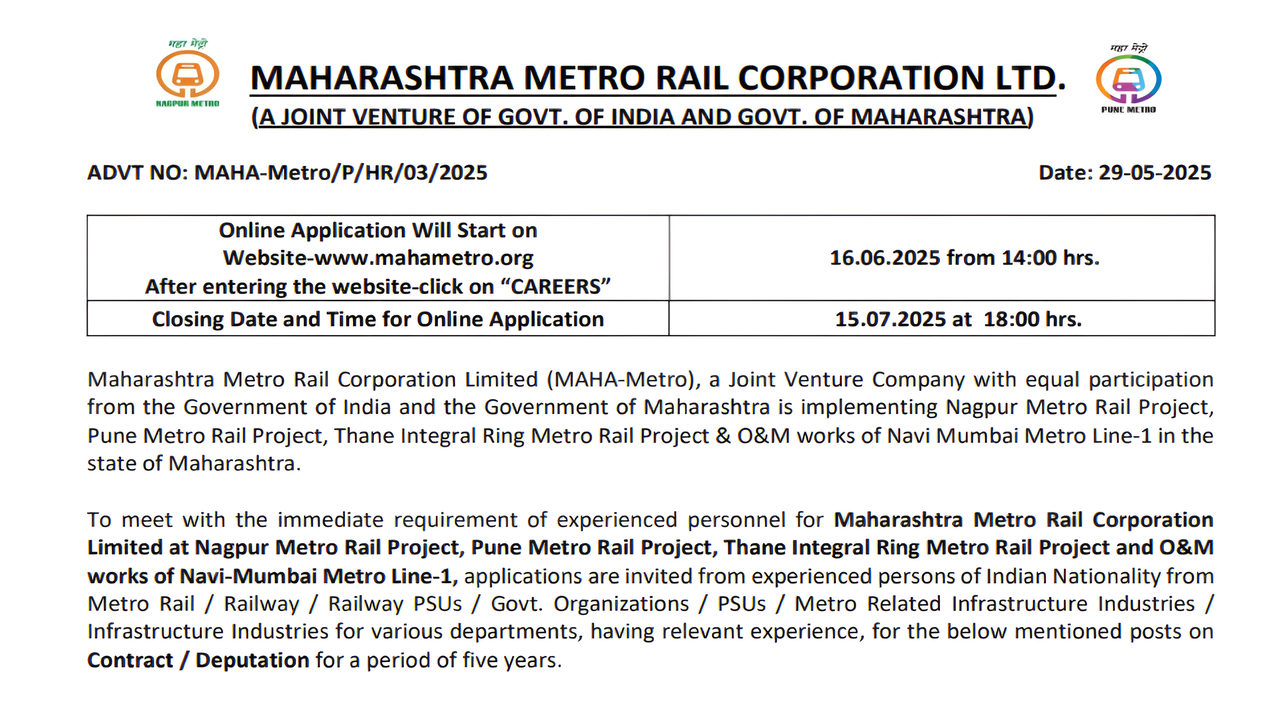 MAHA Metro Section Engineer 61 Notification 2025