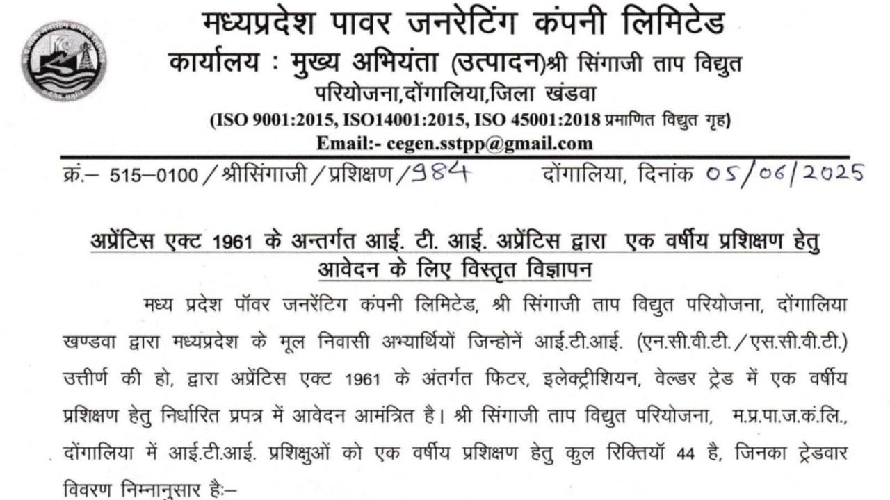 MPPGCL ITI Trainee 44 Notification 2025