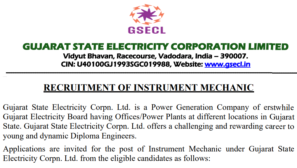 GSECL Instrument Mechanic 30 Notification 2025