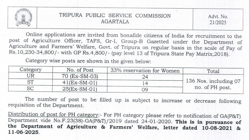 TPSC Agriculture Officer 136 Notification 2025